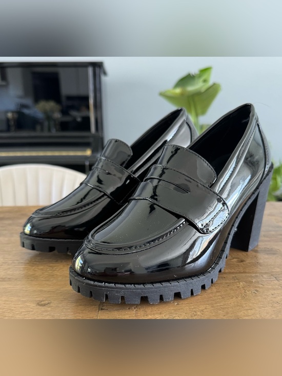 Shoes - Black Patent Chunky-Heel Loafers for Women
